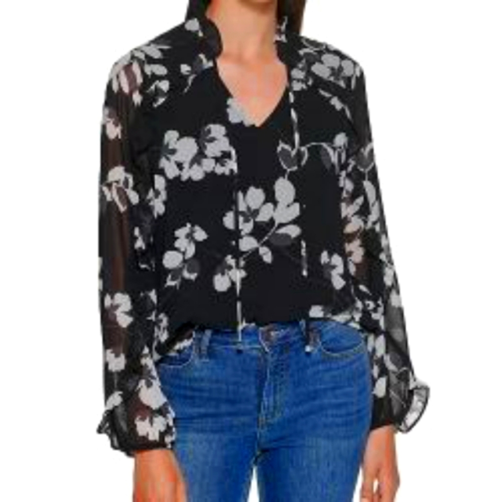 Calvin Klein Printed Ruffle Trim Long Sleeve Blouse
